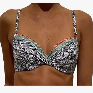 Johnny Was Zebra Print Bikini Top with Green and Pink Accents